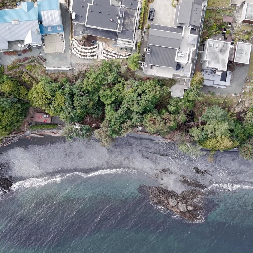 Aerial view of completed siding project on Vancouver Island